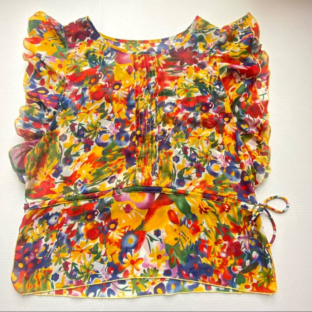 Multi Colour Floral Blouse top ruffle sleeve Tie at waist; please read